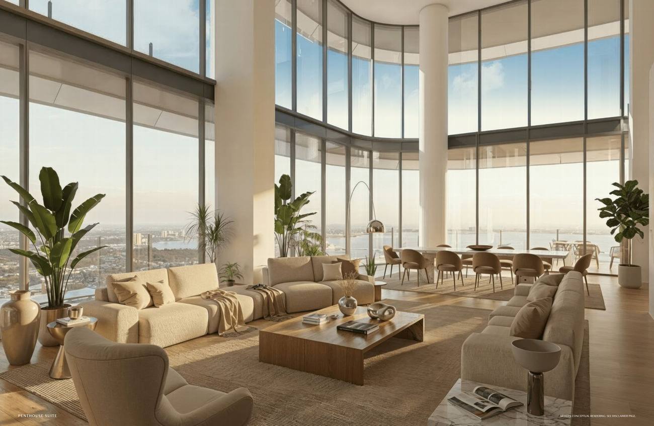 Rendering of a residence interior facing the bay