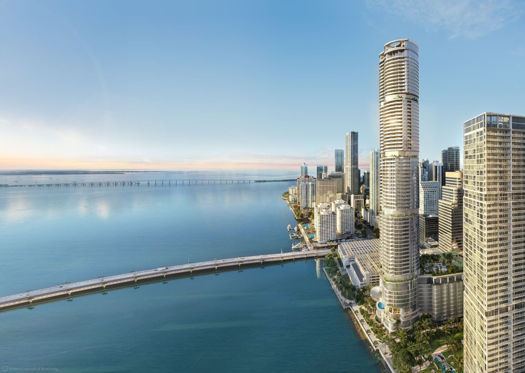 Aerial rendering of a new residential tower on the Brickell waterfront, Biscayne Bay beyond