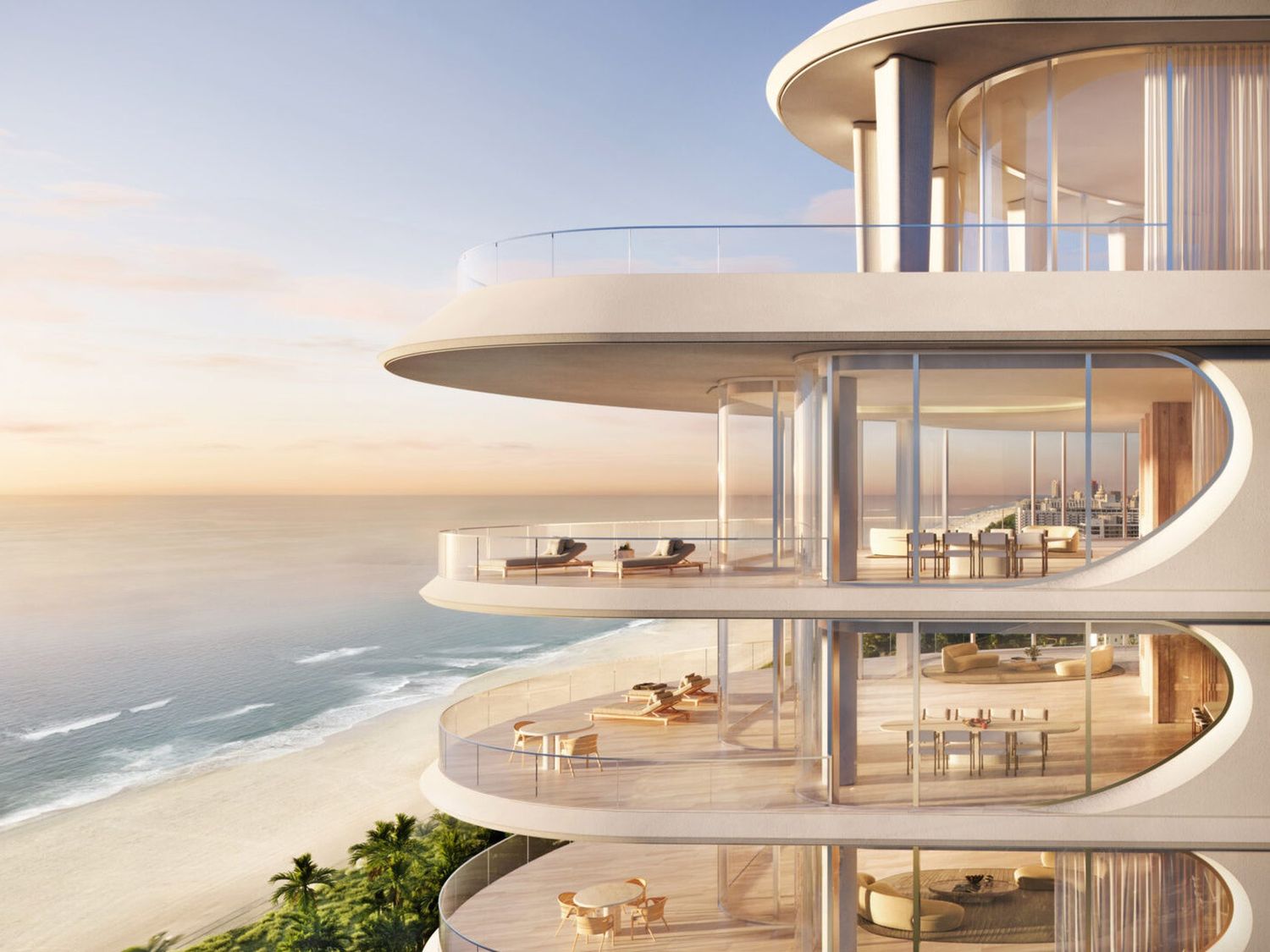 Rendering of The Perigon's rounded terraces above the beach