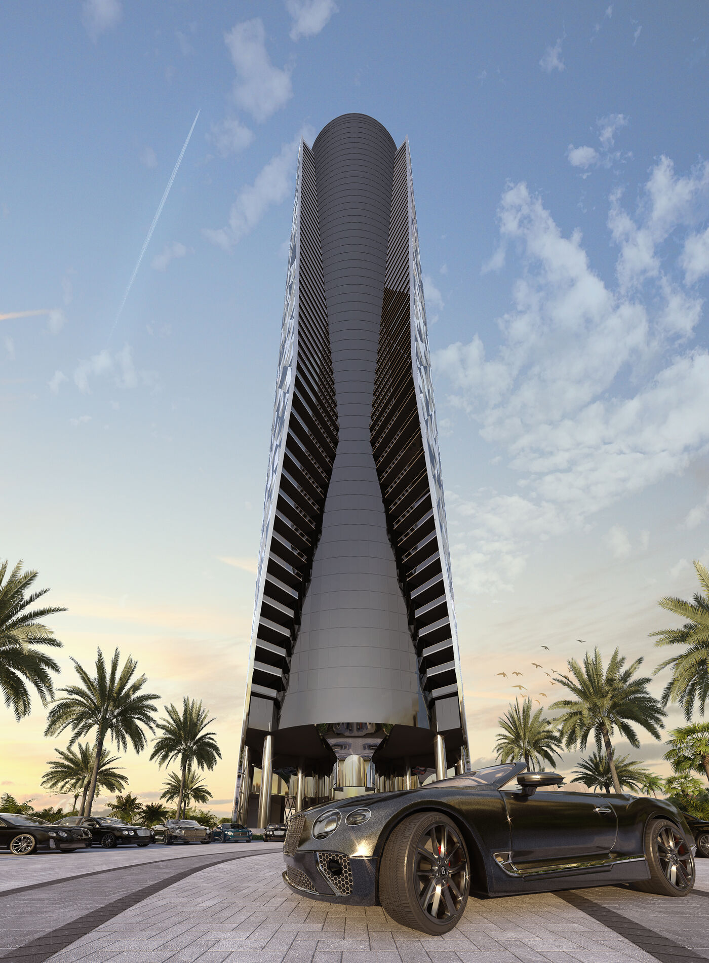 Rendering of the tower from the motor court, looking up the full height of the facade
