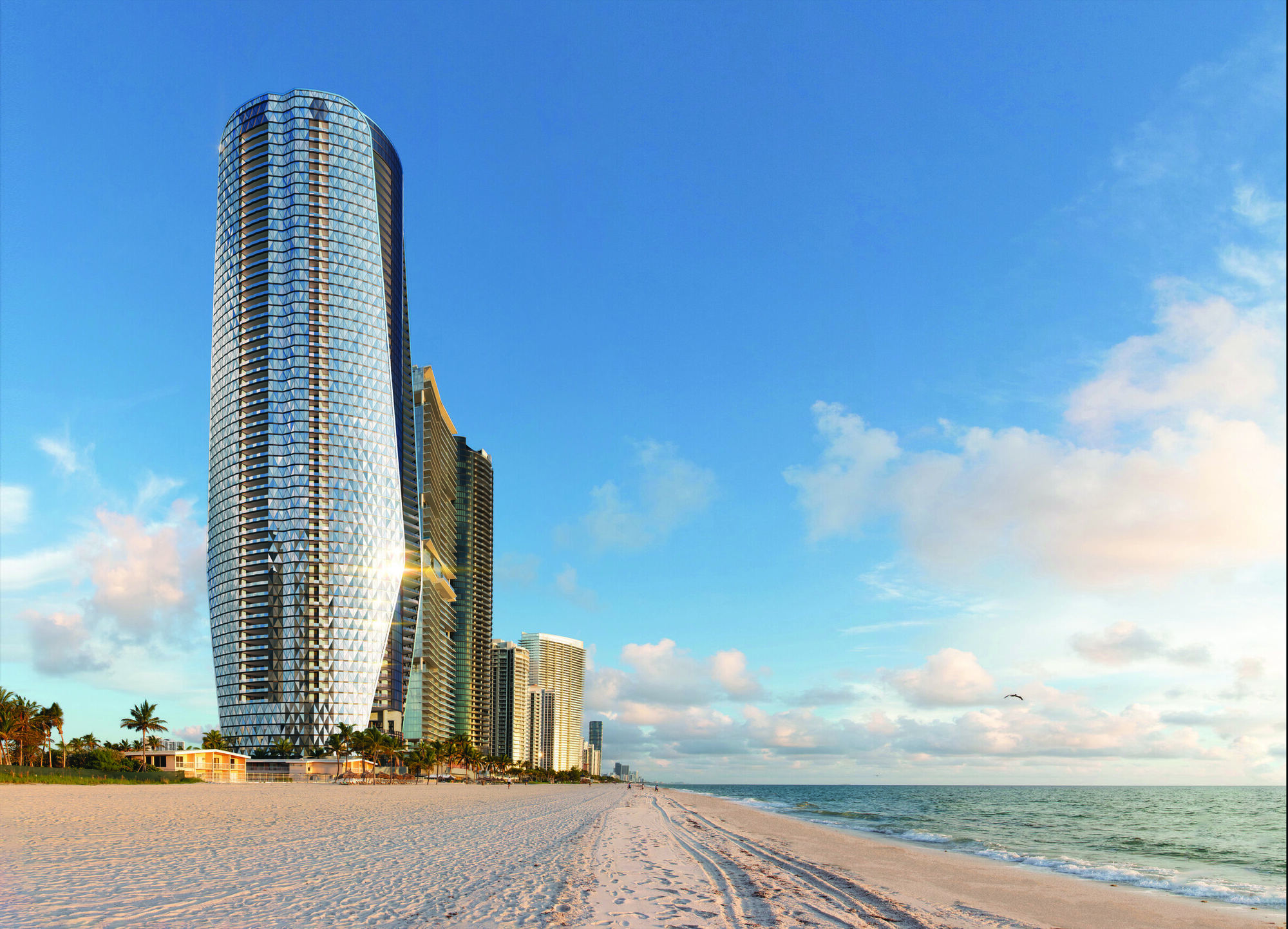 Rendering of Bentley Residences on Sunny Isles Beach, the diamond patterned glass tower on the sand