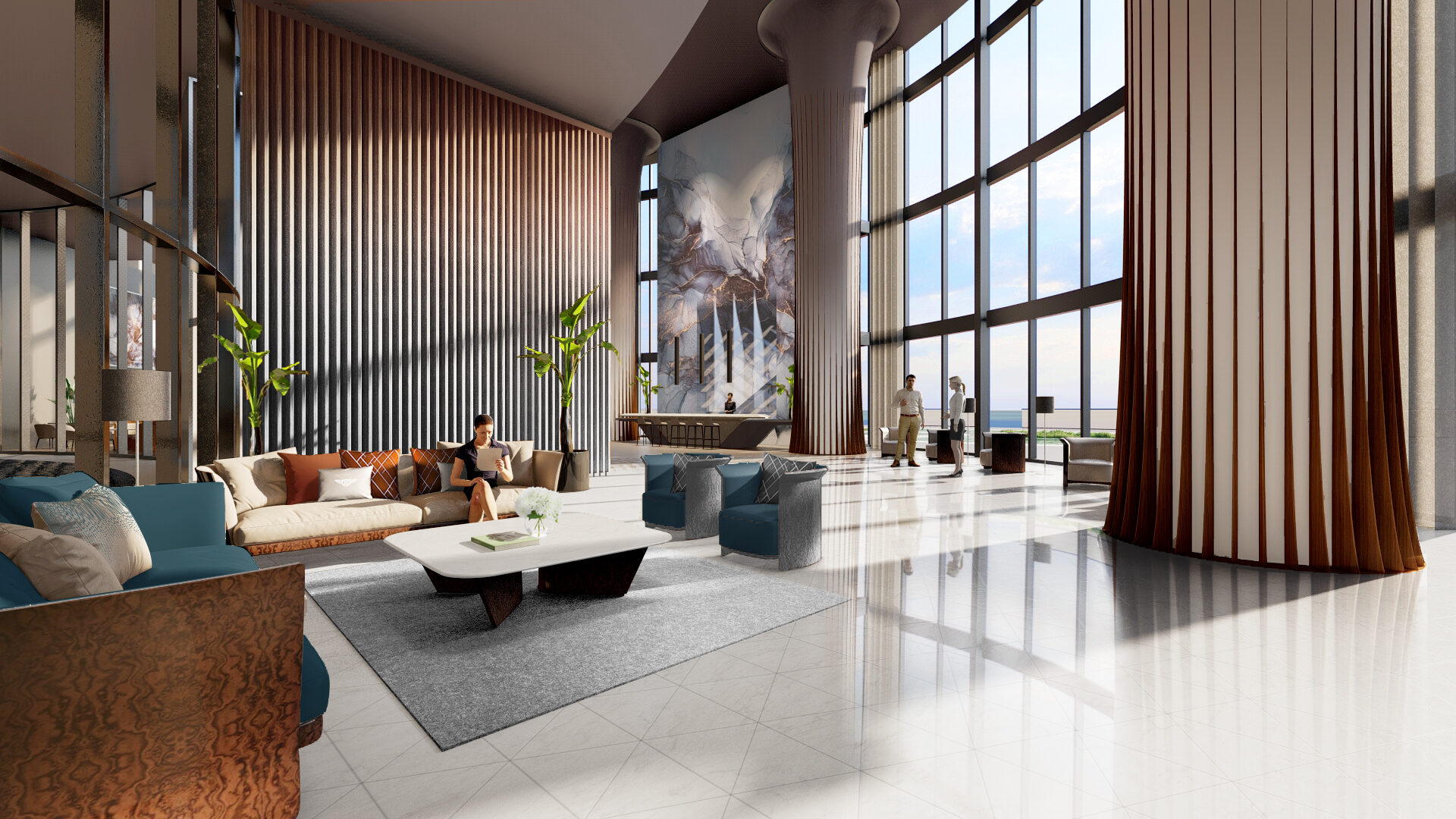 Rendering of the double-height lobby with fluted timber columns and a marble feature wall