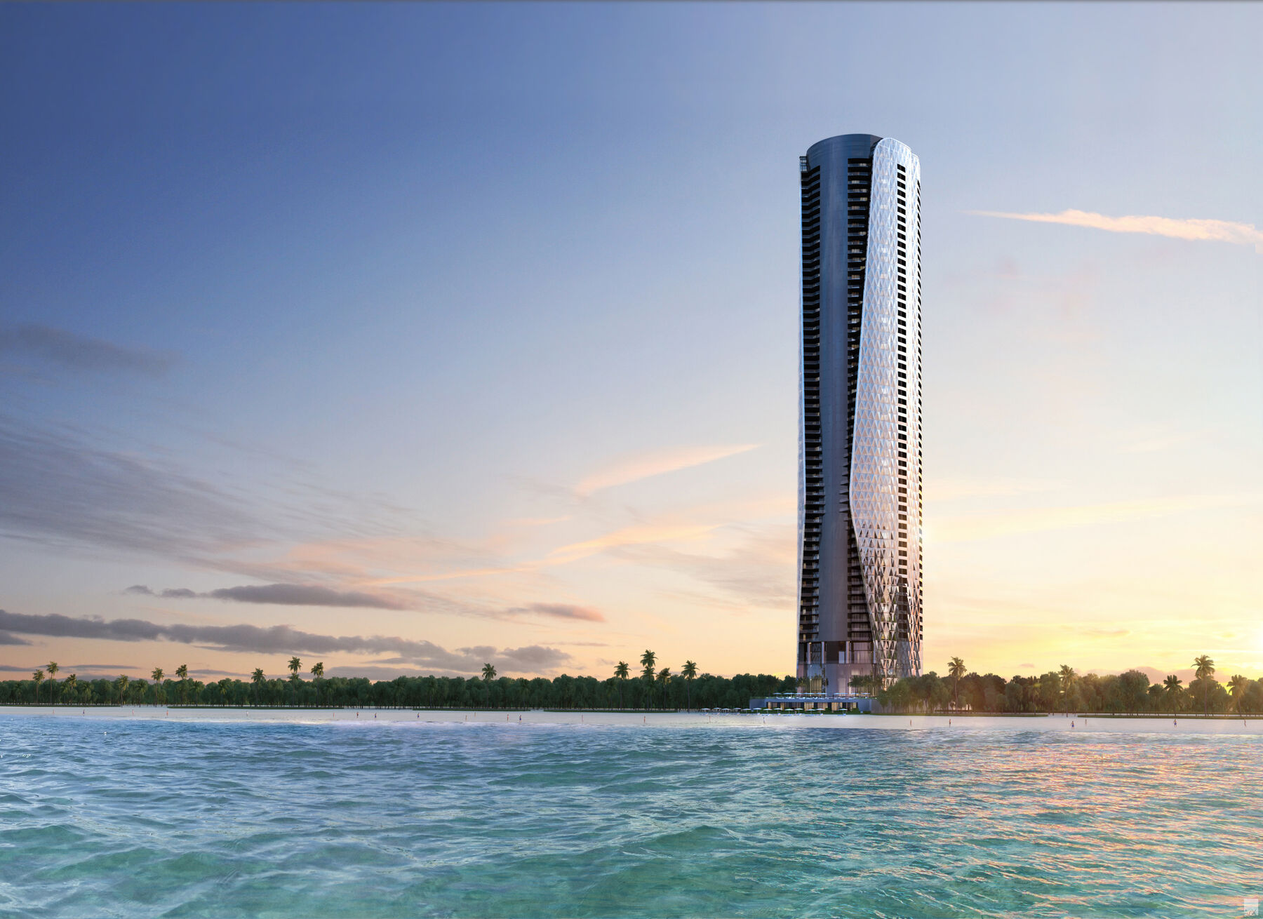 Rendering of Bentley Residences seen from the water at dusk, the diamond facade catching the last light