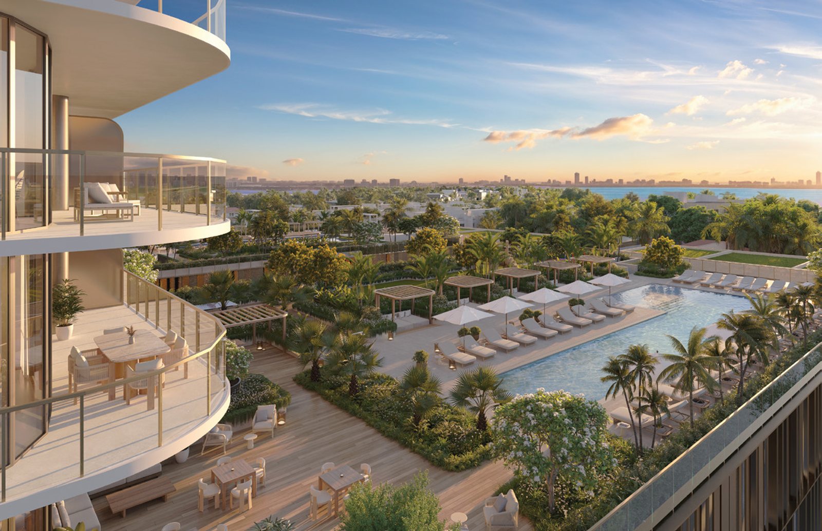 Rendering of the fourth floor amenity bridge with pool and cabanas between the two towers