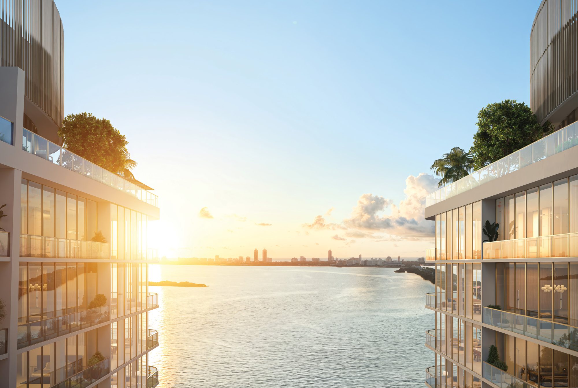 Rendering of a terrace at Kempinski Residences Miami Design District at sunset, looking east over Biscayne Bay