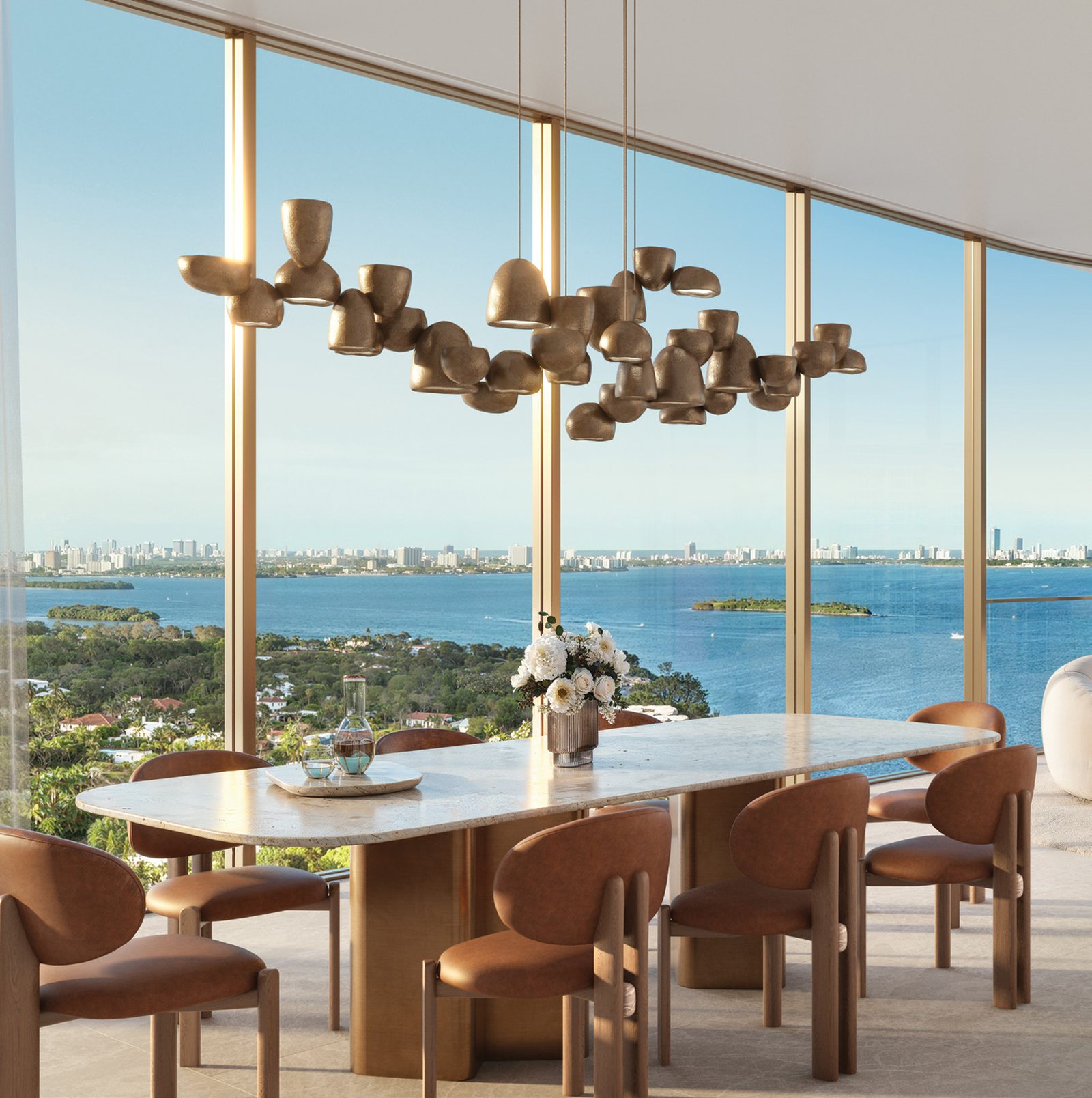 Rendering of a living and dining room by Rockwell Group with floor to ceiling glass to the bay