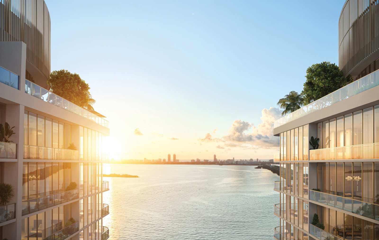 Rendering of a private terrace at sunset with Biscayne Bay and the Downtown skyline beyond