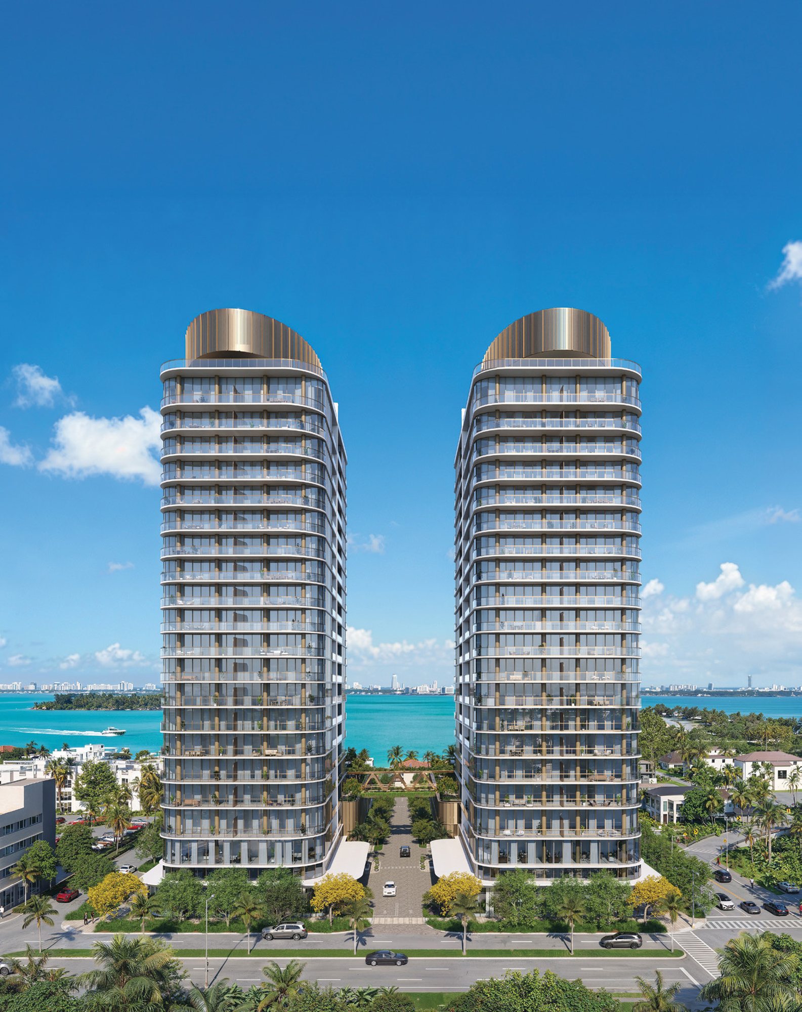 Rendering of the two towers seen from Biscayne Boulevard with the bay behind