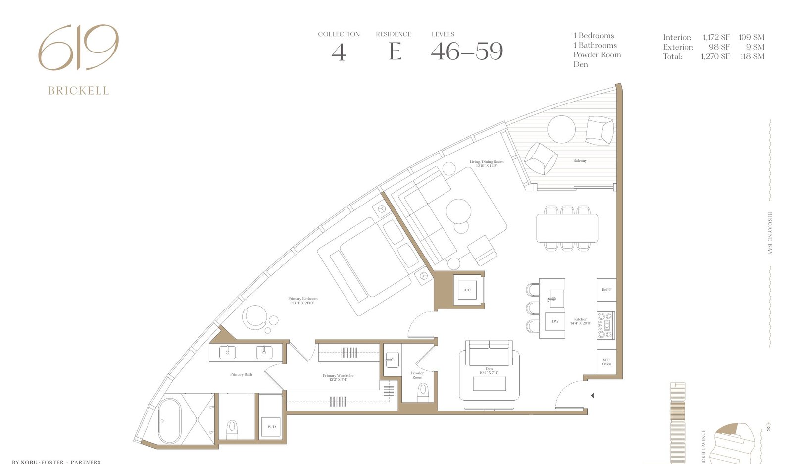 Floor plan of the one bedroom and den residence