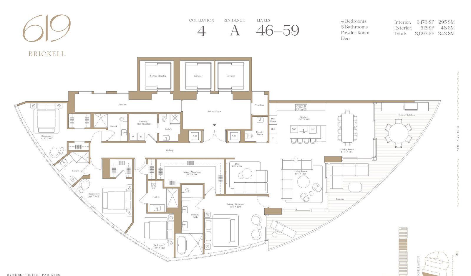 Floor plan of the four bedroom and den residence