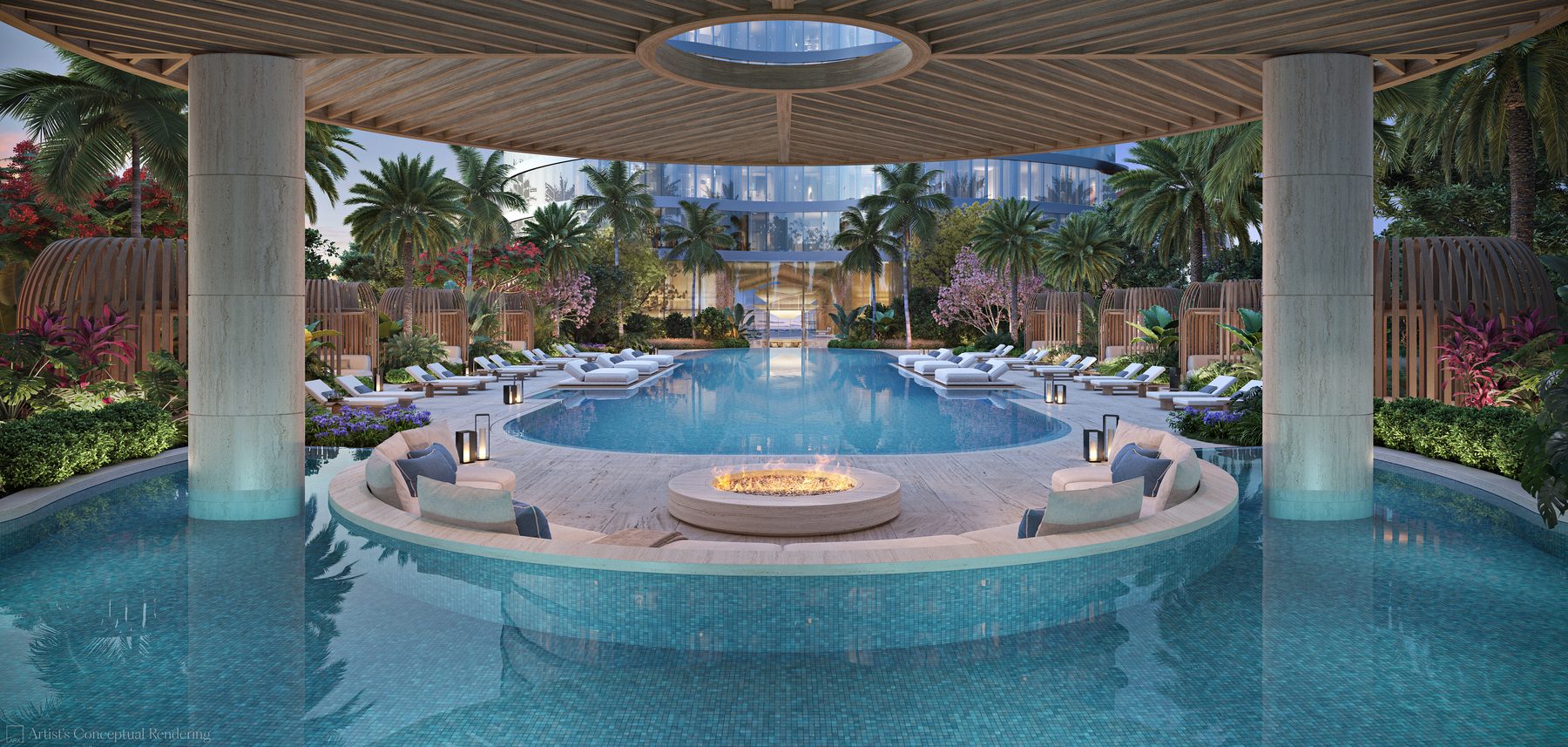 Rendering of the pool deck at dusk, a fire pit in the water under a timber pergola