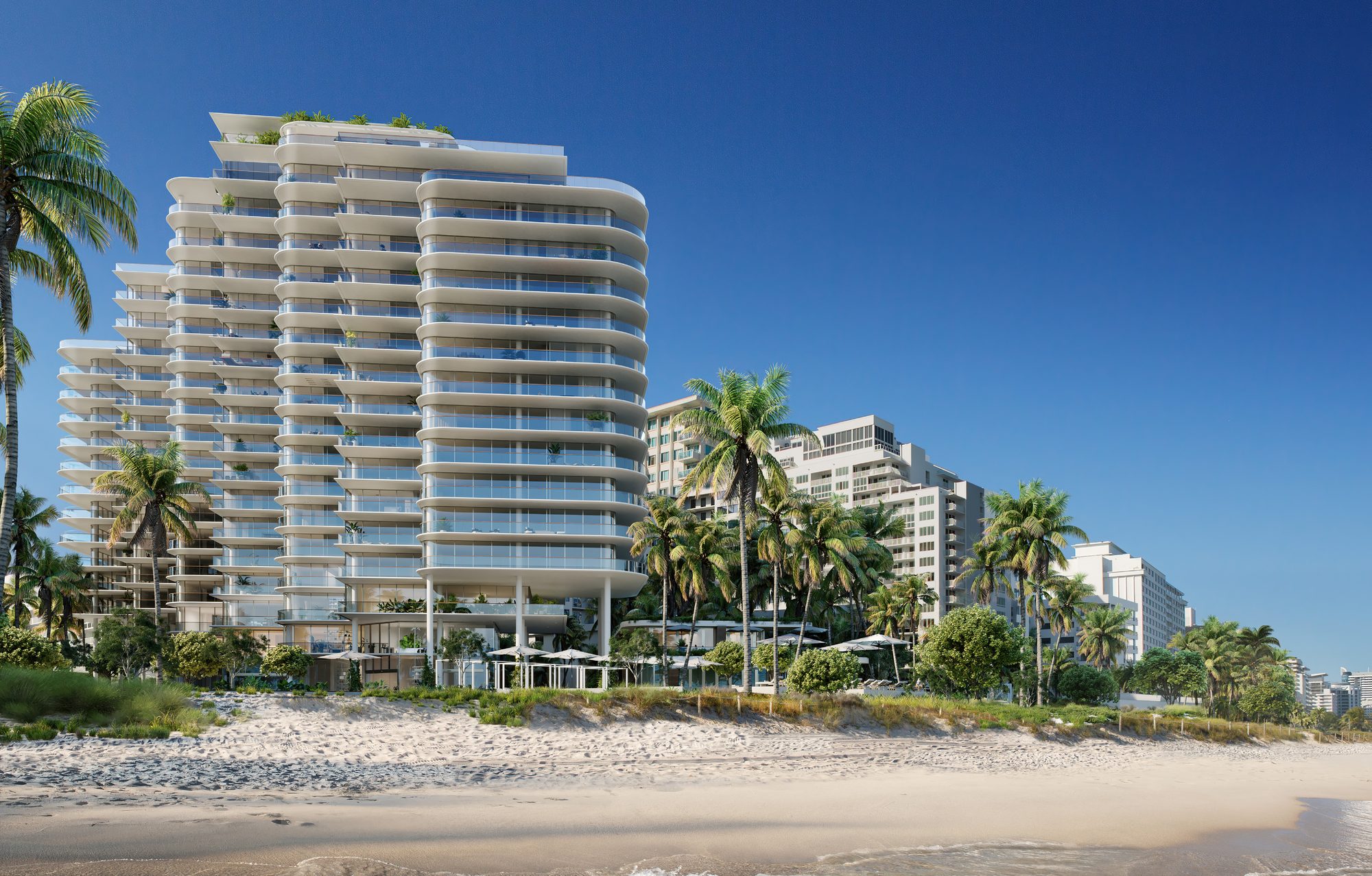 Rendering of The Perigon from the beach, OMA's rounded terraces stacked above the sand