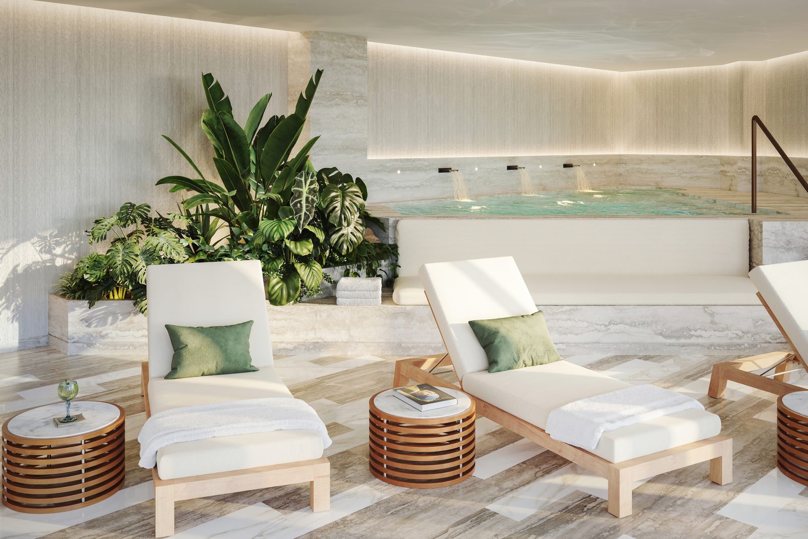 Rendering of a residence terrace with loungers