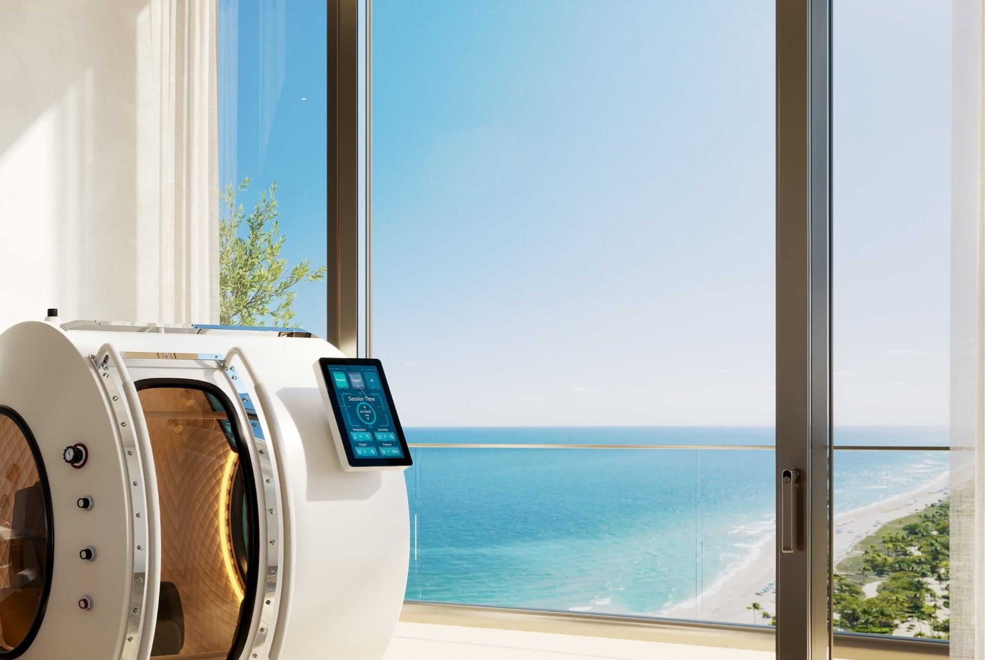 Rendering of the hyperbaric chamber in the Upper Penthouse at Rivage Bal Harbour, set against floor to ceiling glass and the Atlantic