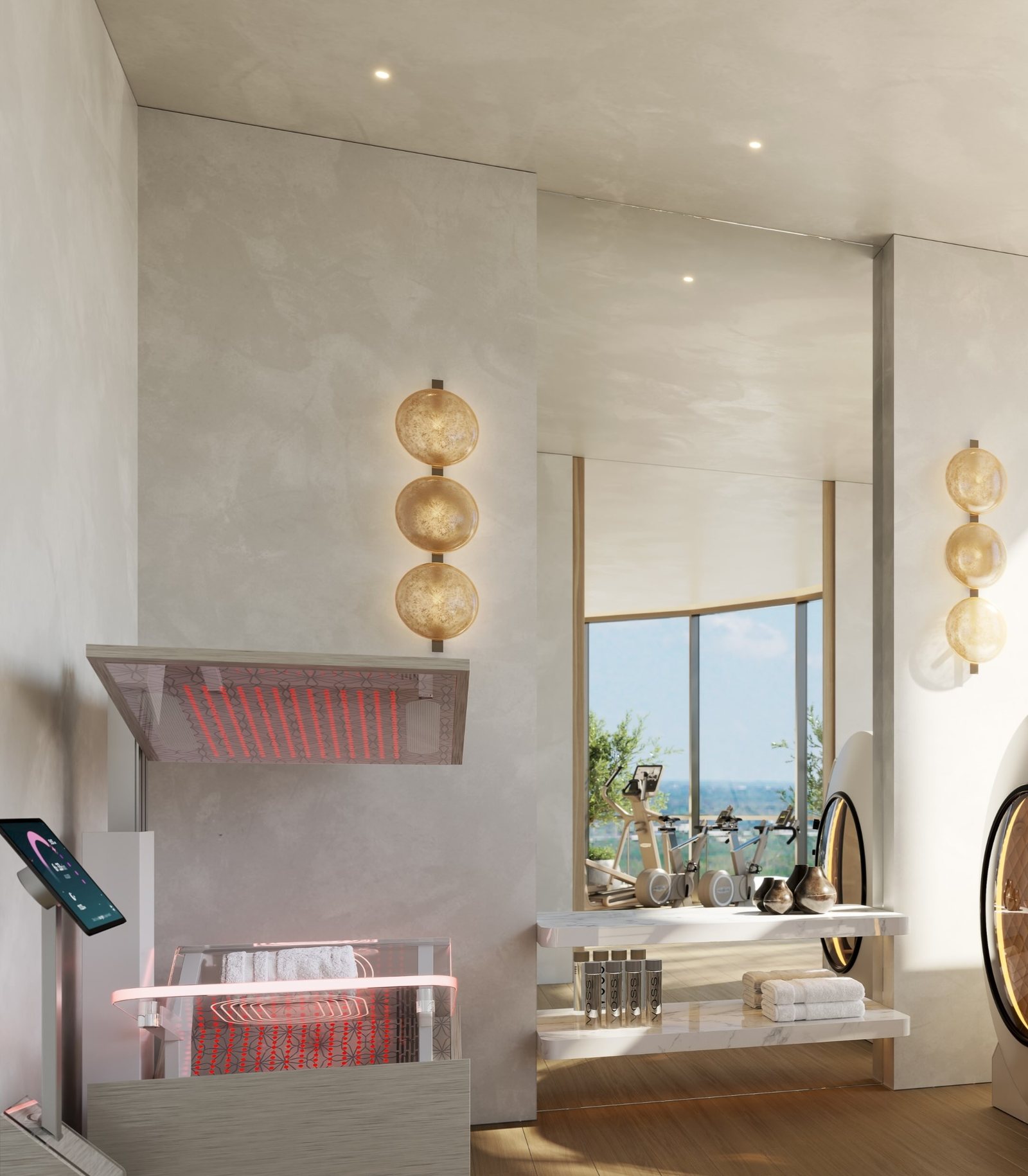 Rendering of the Longevity Suite in the Upper Penthouse: a red light therapy bed, a hyperbaric pod and the gym beyond the glass