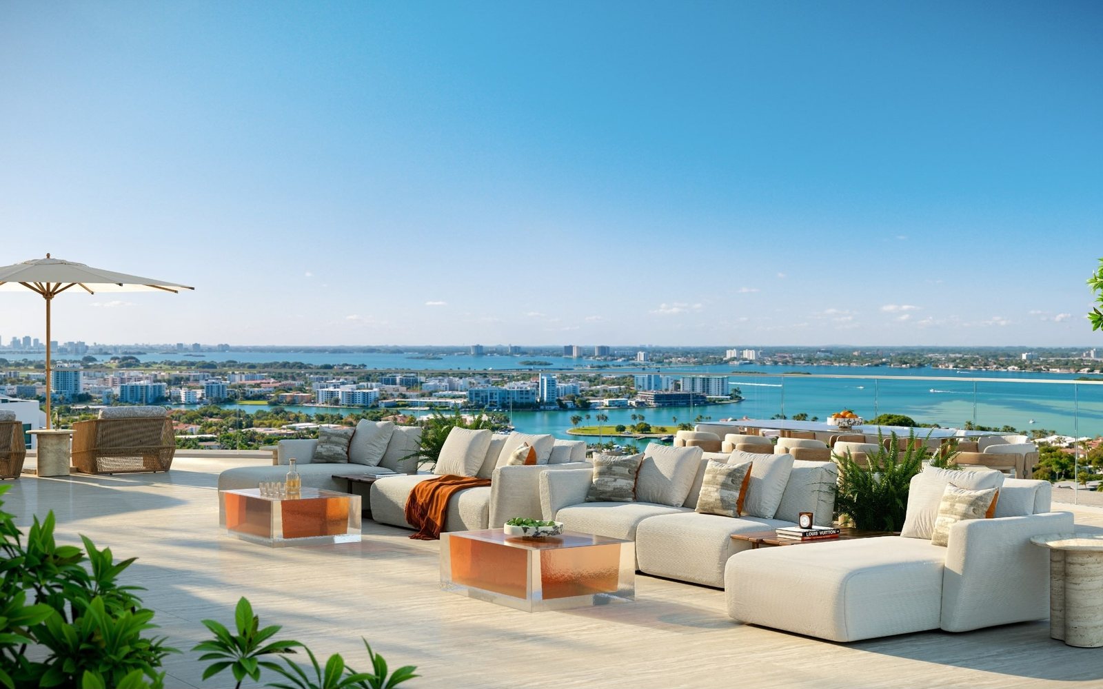 Rendering of the lounge terrace of the Upper Penthouse over Bal Harbour and Biscayne Bay