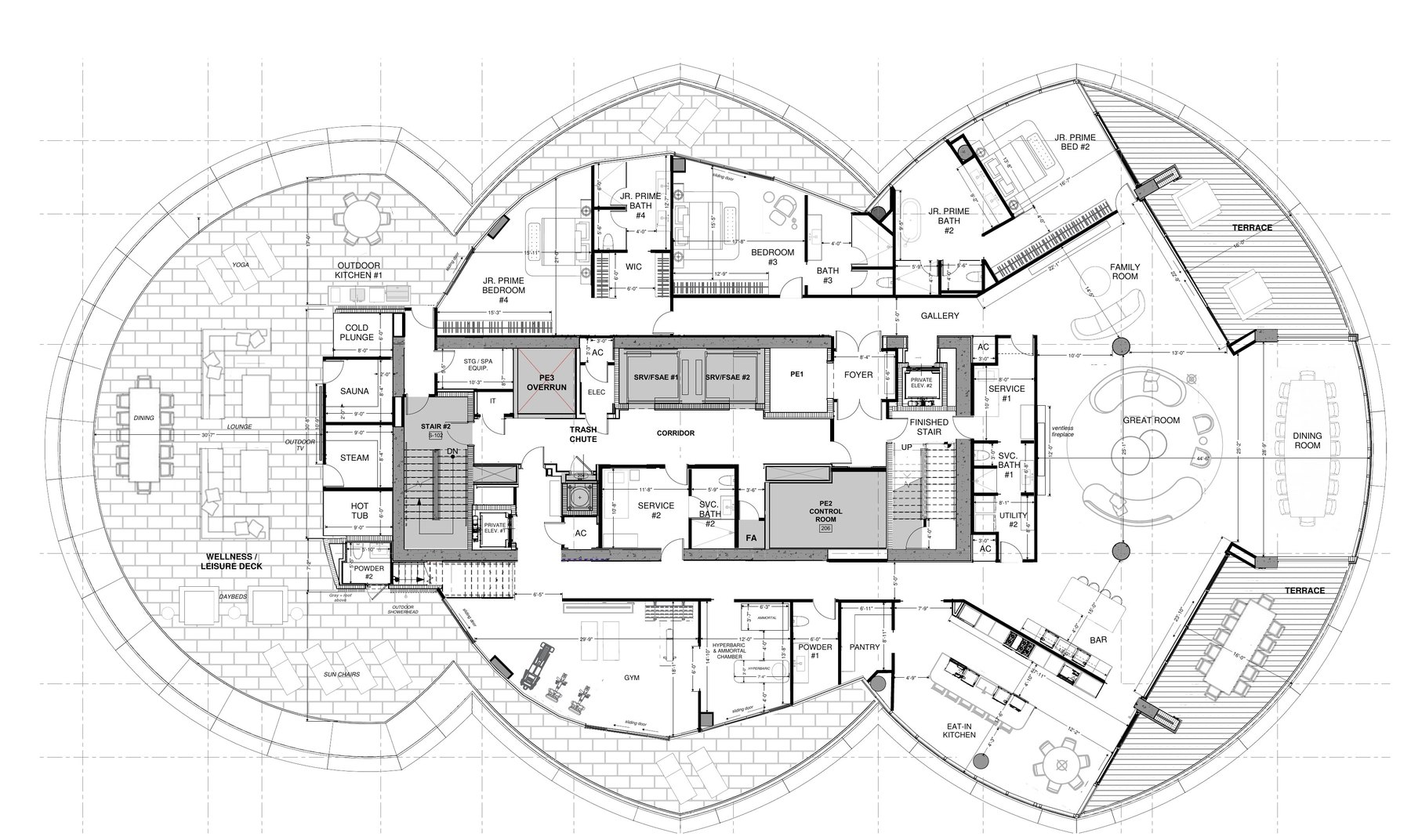 Developer level plan of the living level with the sunset spa terrace, level 24