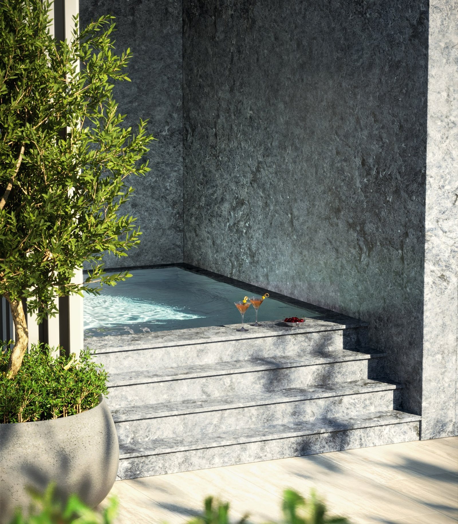 Rendering of the stone cold plunge on the sunset spa terrace of the Upper Penthouse