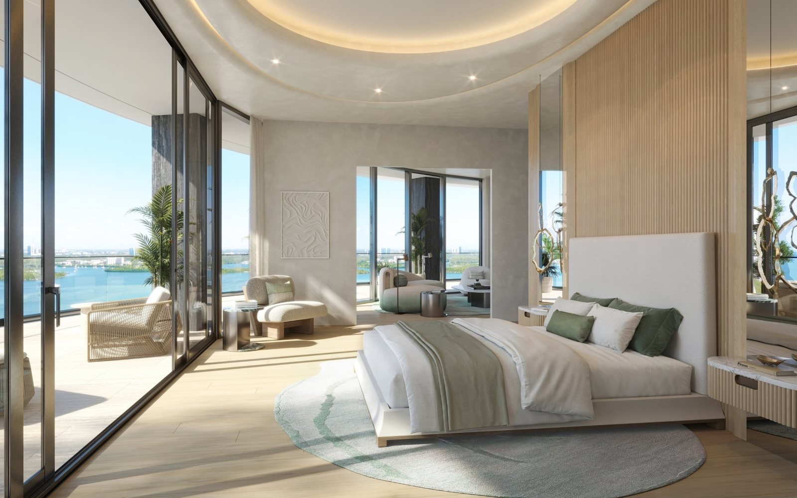 Rendering of the primary bedroom in the Upper Penthouse opening to the terrace and the bay