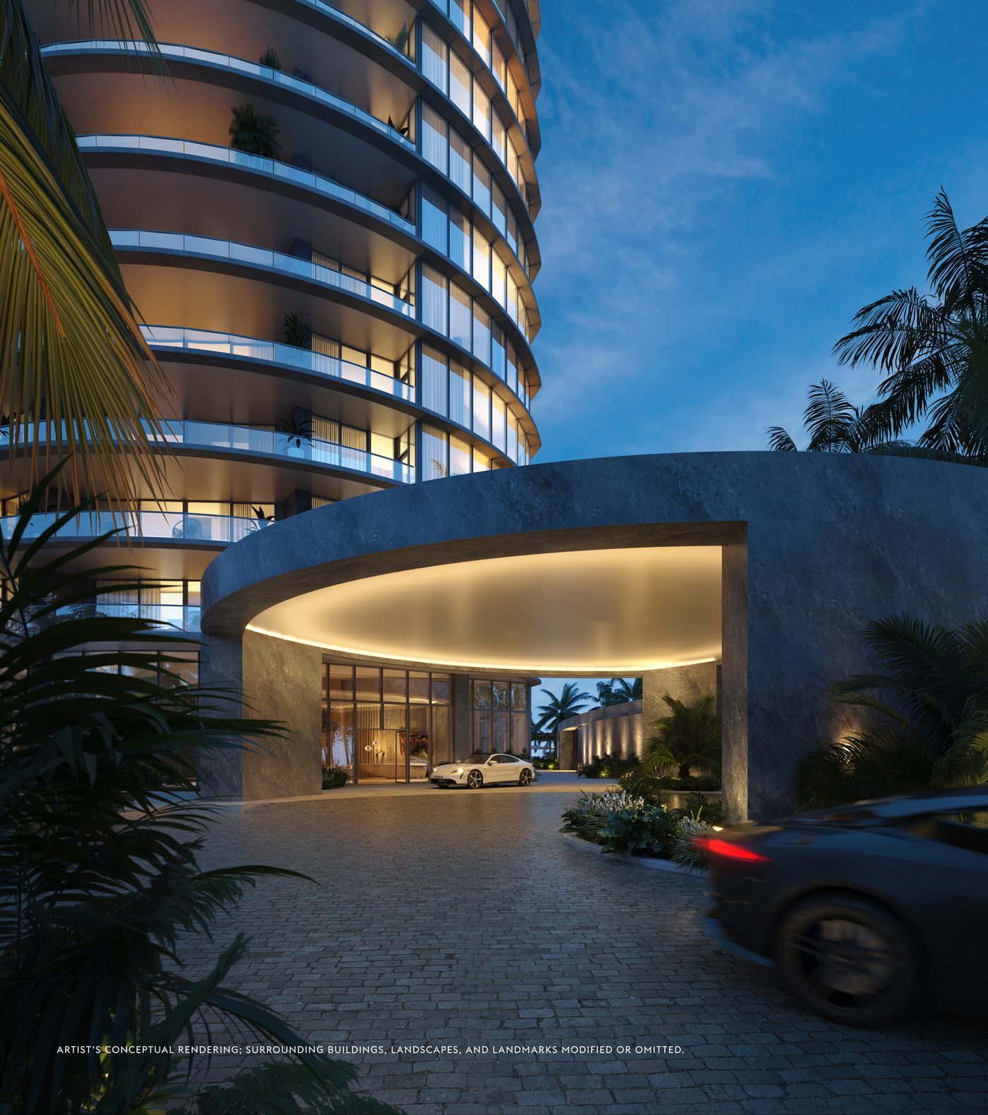 Rendering of the porte cochere at dusk, the curved stone canopy lit from within