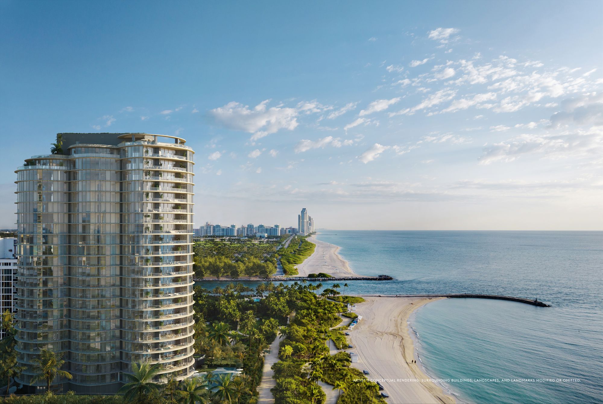 Rendering of Rivage Bal Harbour seen from the water, a curved glass tower on its private shoreline