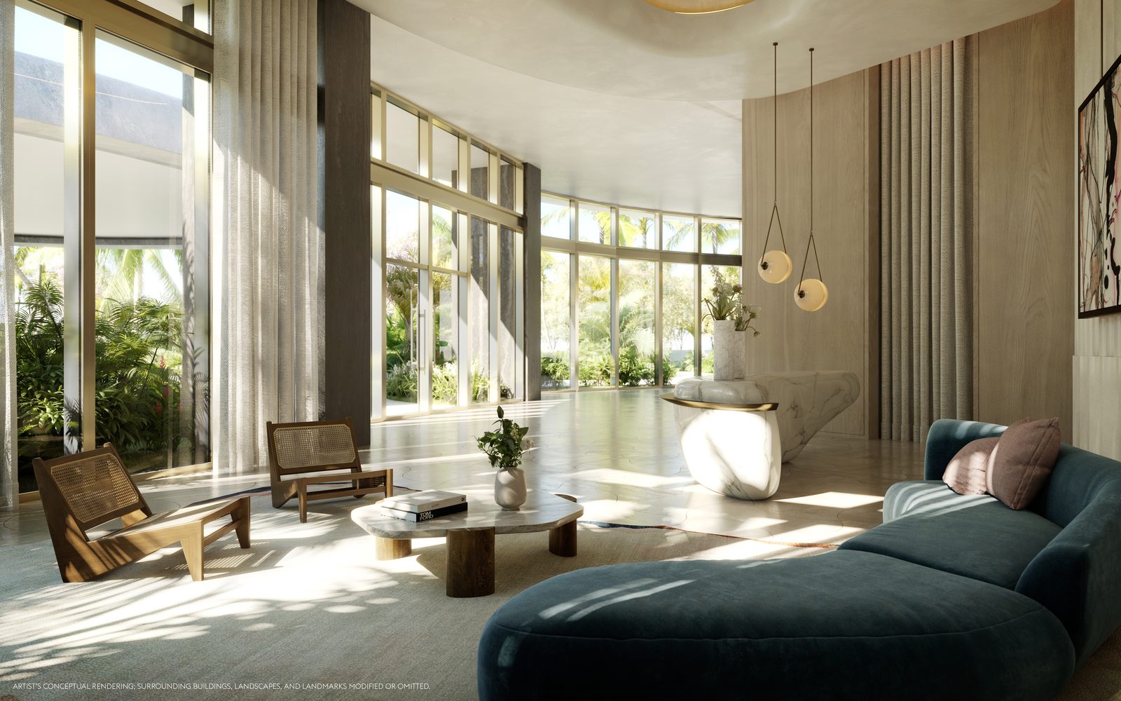 Rendering of the lobby, a curved glass wall to the garden and a marble reception desk