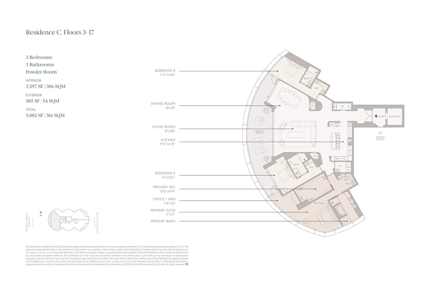 Floor plan of Residence C, floors 3 to 17