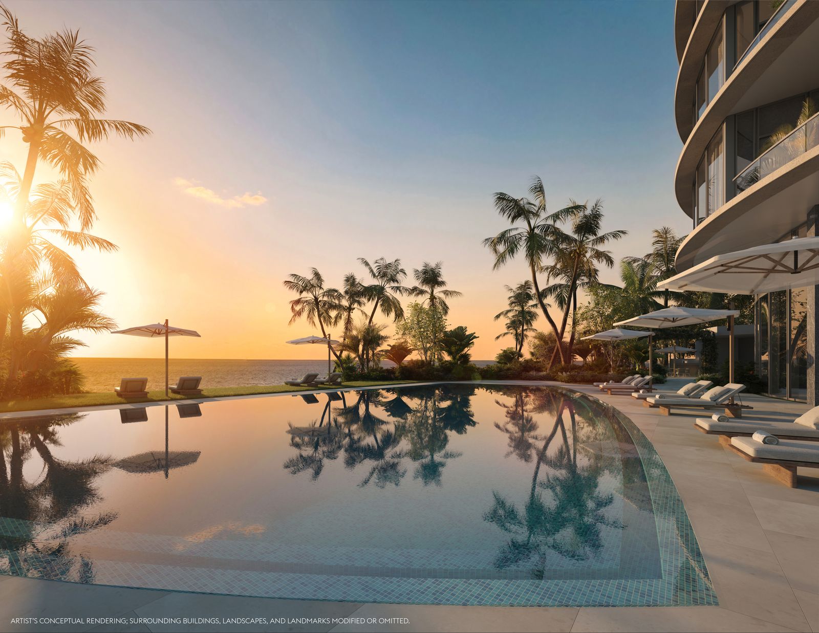 Rendering of the oceanfront pool terrace at sunrise