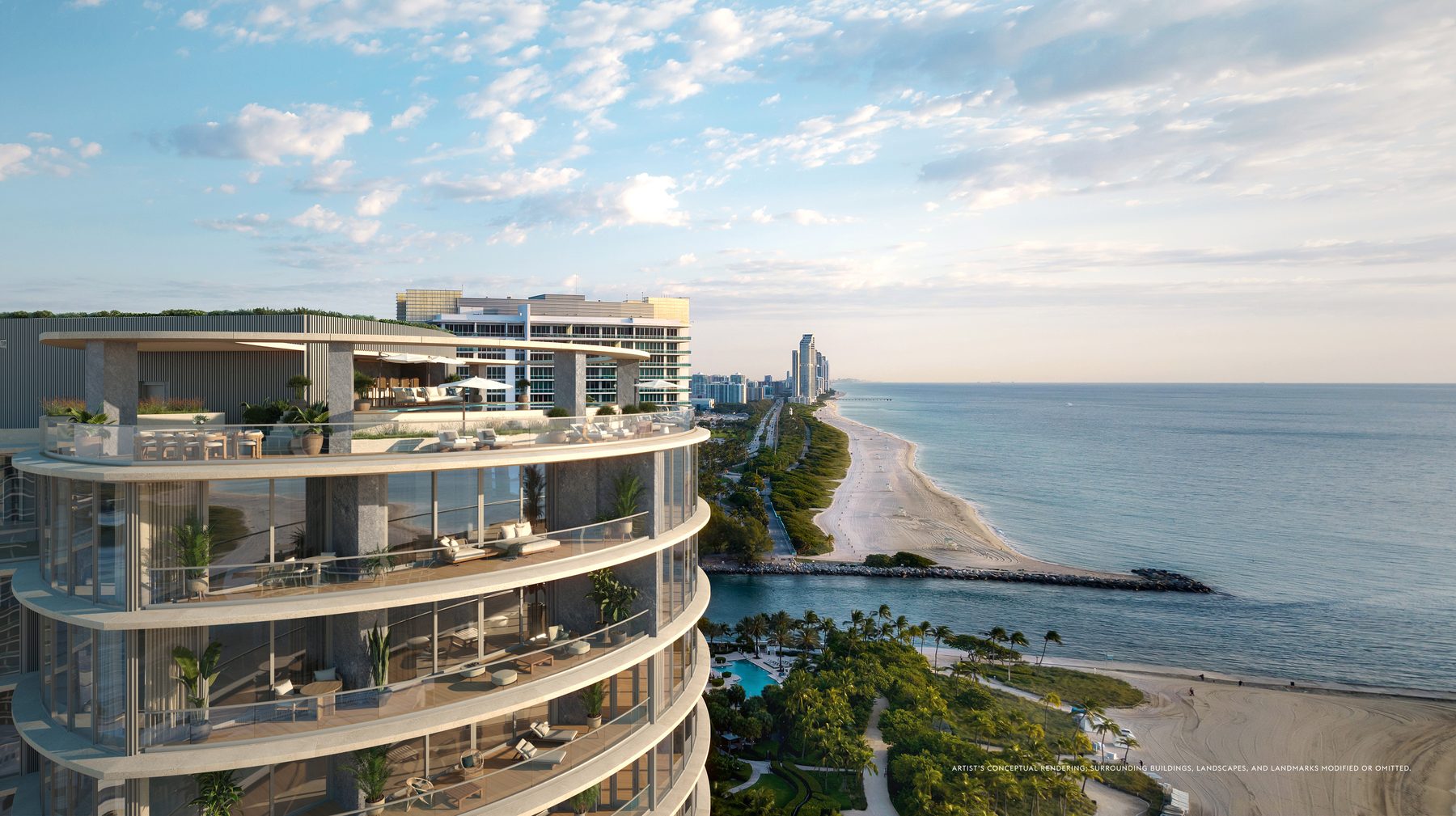 Rendering of the wraparound terraces looking north along the beach to Haulover