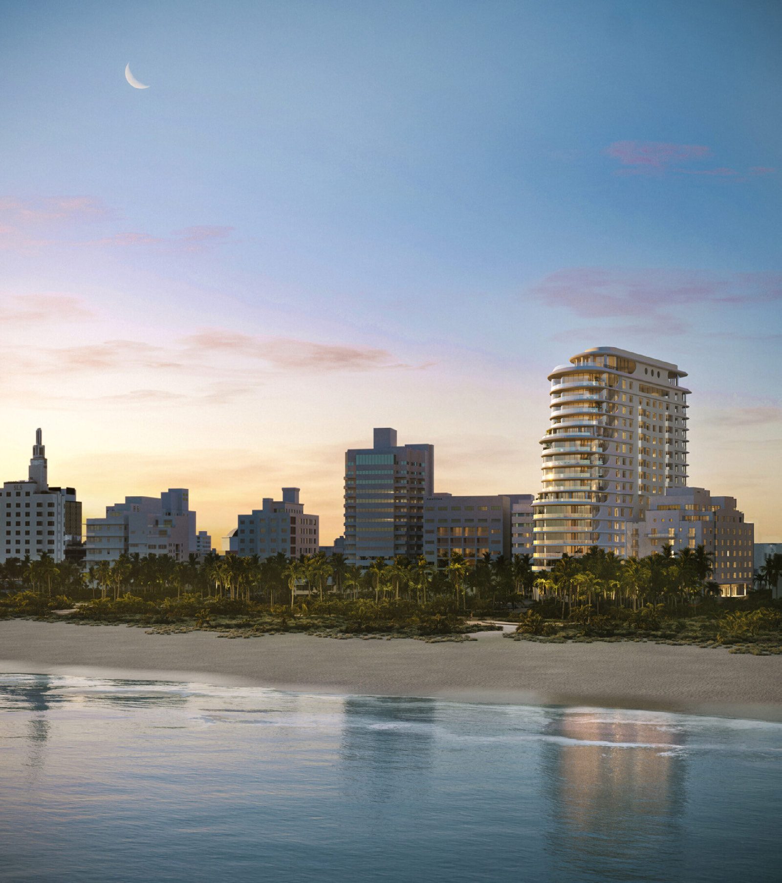 Rendering of The Shoreclub Private Collection at dusk from the beach, the historic facades in front