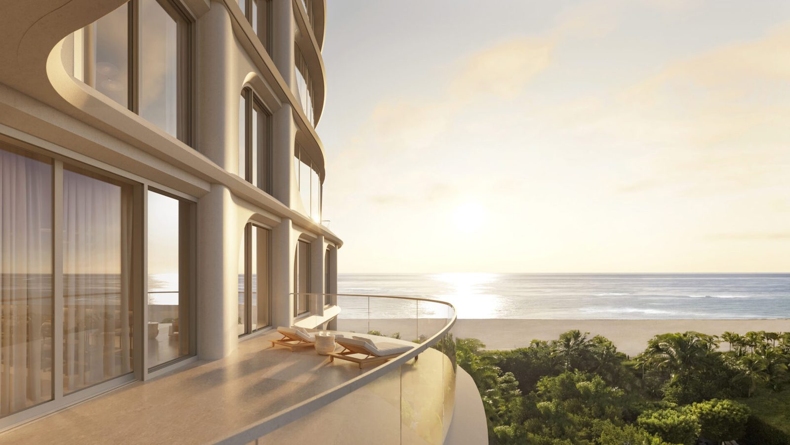 Rendering of a terrace at sunrise looking over the ocean