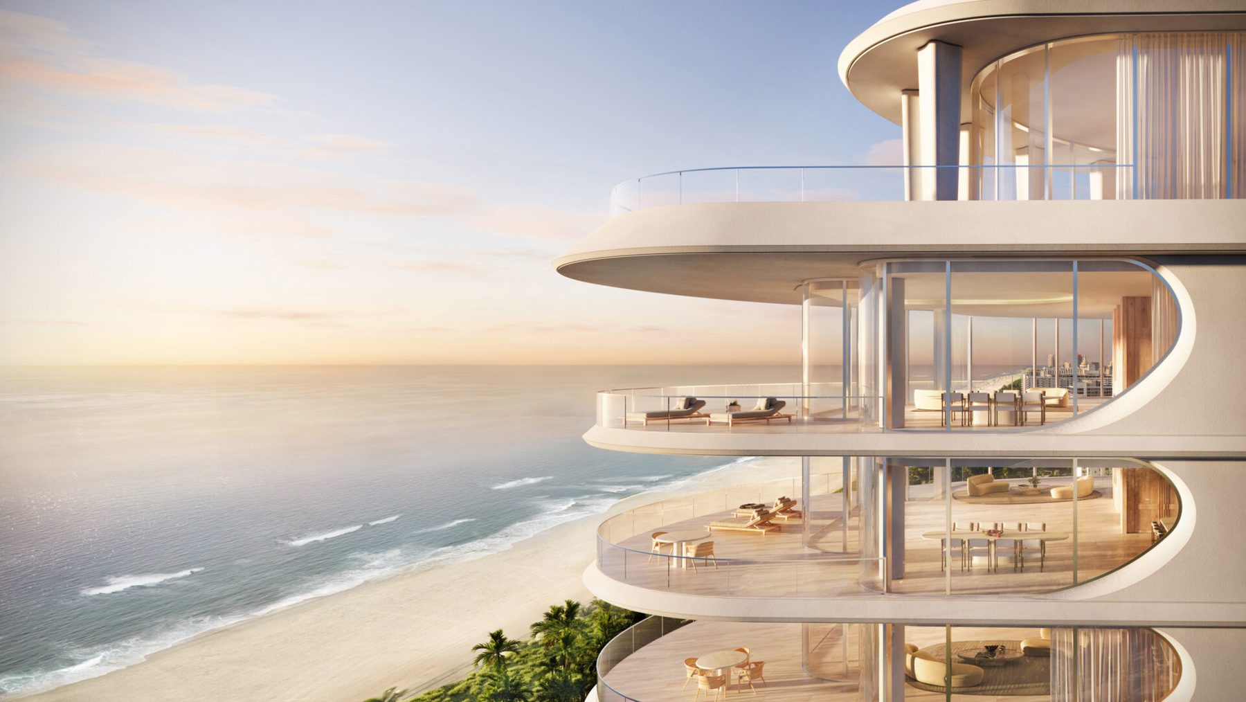 Rendering of the curved terraces of The Tower above the beach