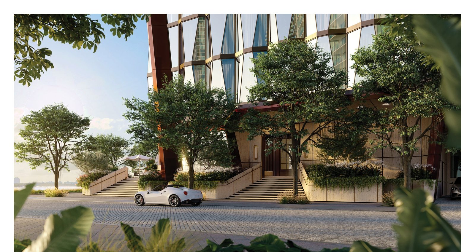 Rendering of the north arrival under the bronze frame with a car at the porte cochere