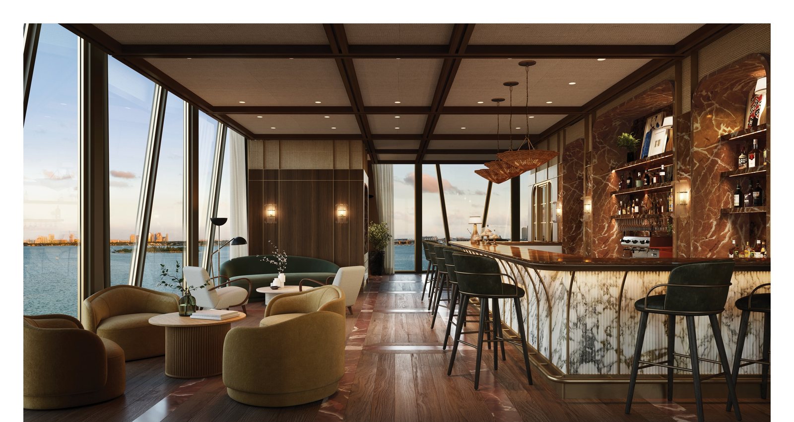 Rendering of the club lounge and bar by Charles and Co with the bay through floor to ceiling glass