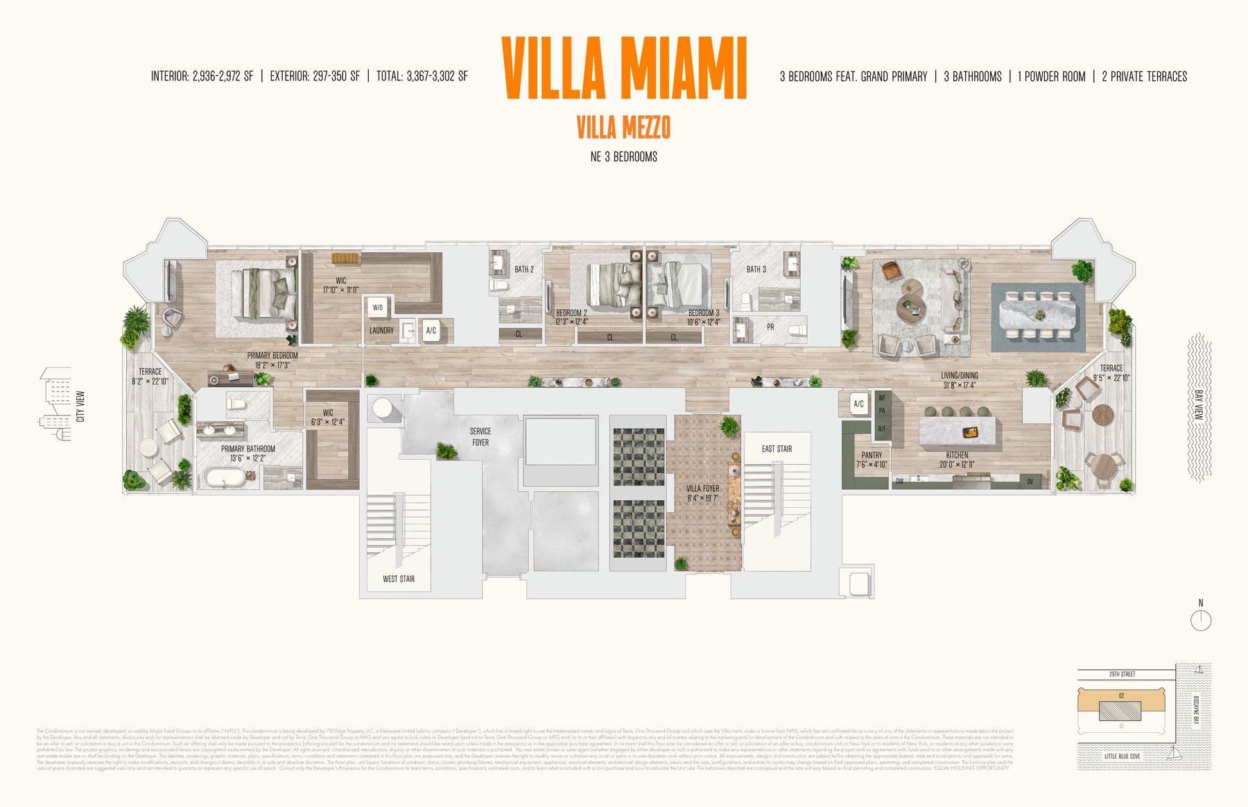 Floor plan of the three bedroom Villa Mezzo half floor residence on the northeast corner