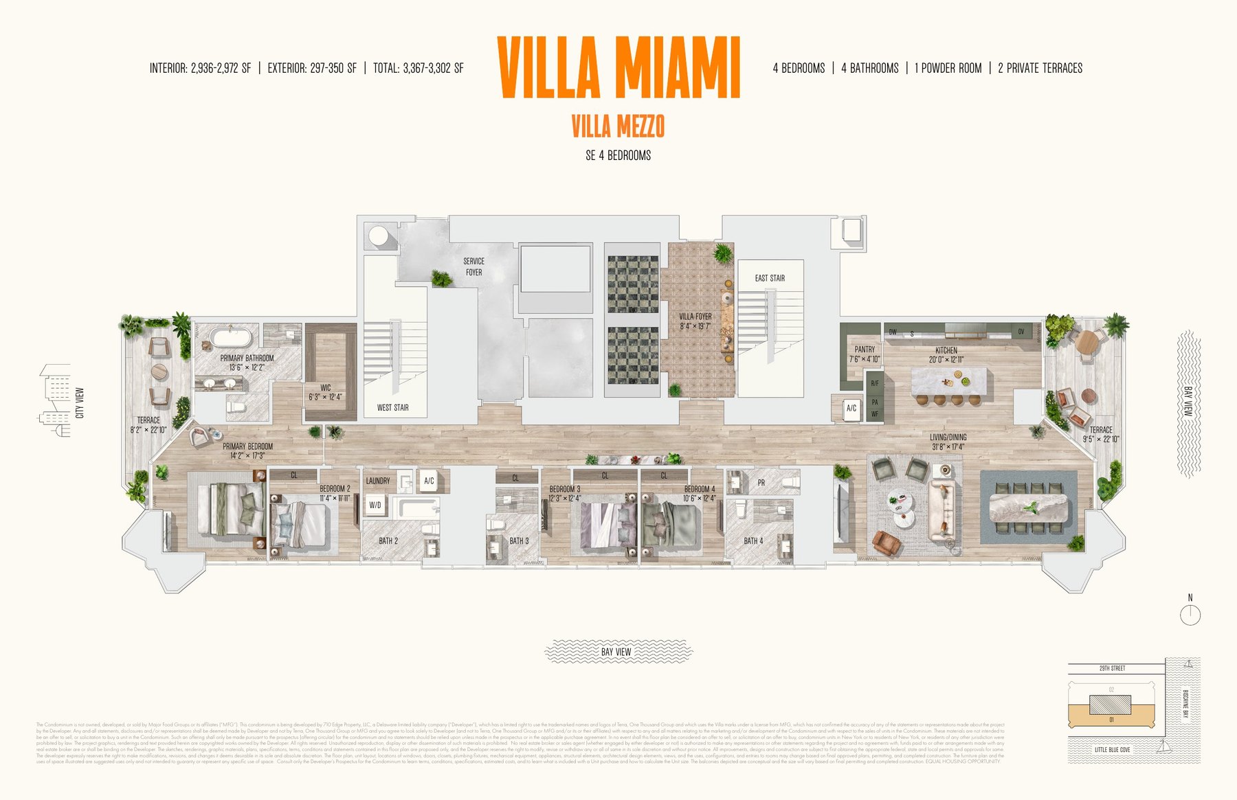 Floor plan of the four bedroom Villa Mezzo half floor residence on the southeast corner