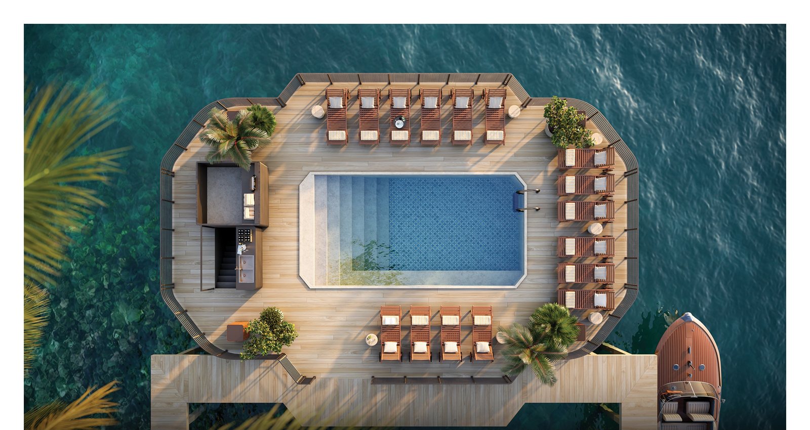 Rendering from above of the floating pool vessel moored on Biscayne Bay beside the tower