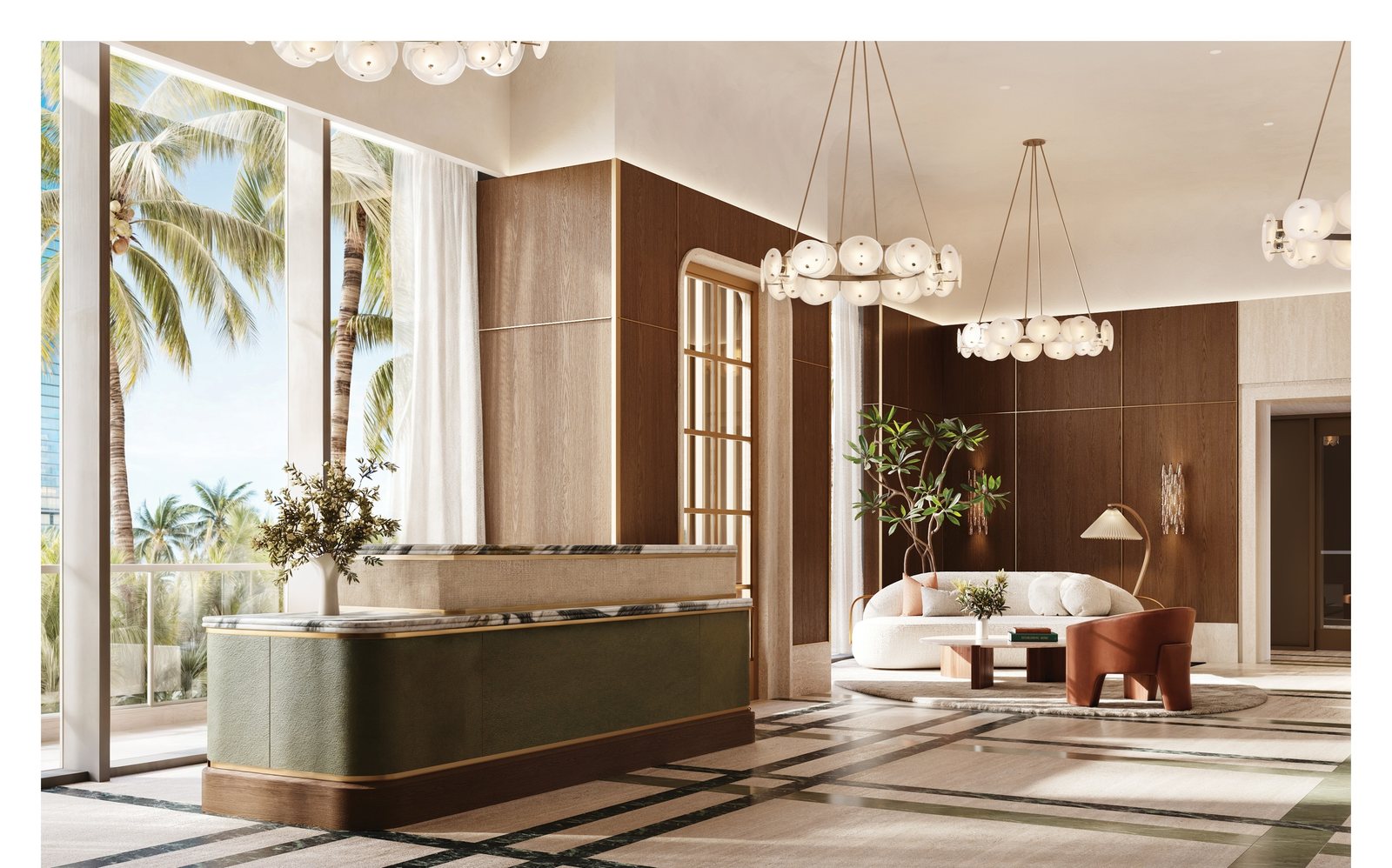 Rendering of the reception hall with stone floors, palms and the bay beyond