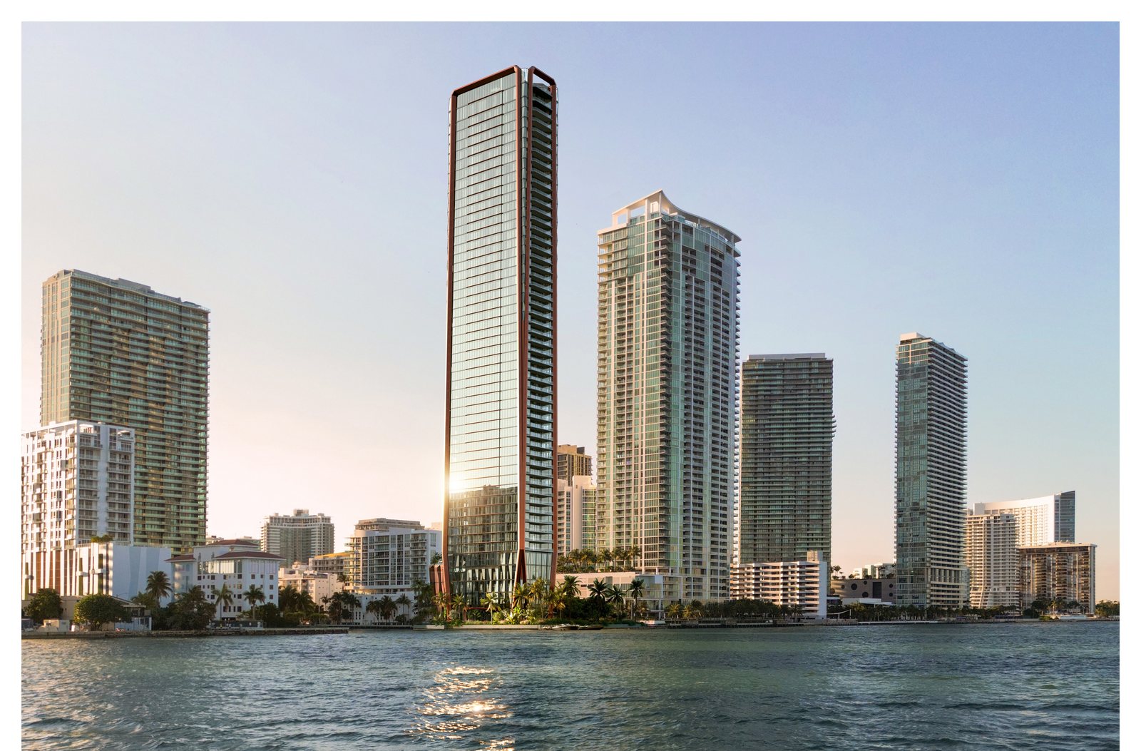Rendering of the tower seen from the bay at sunset with the Edgewater skyline beside it