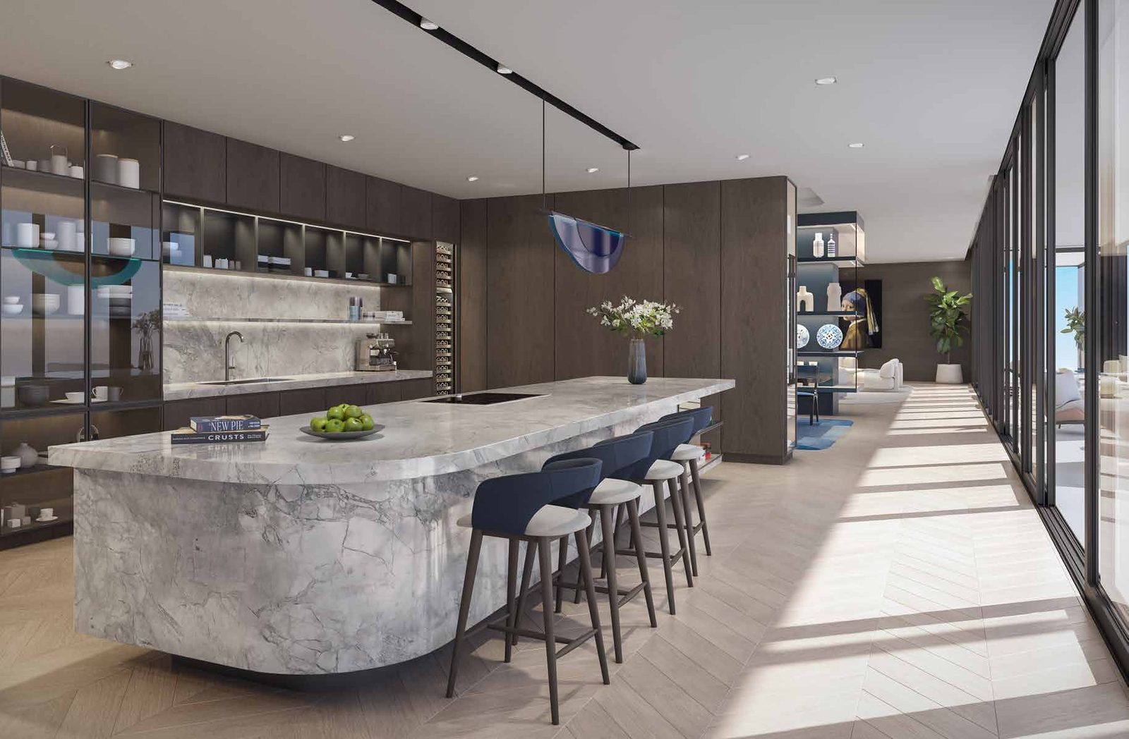 Rendering of a residence kitchen with a stone island