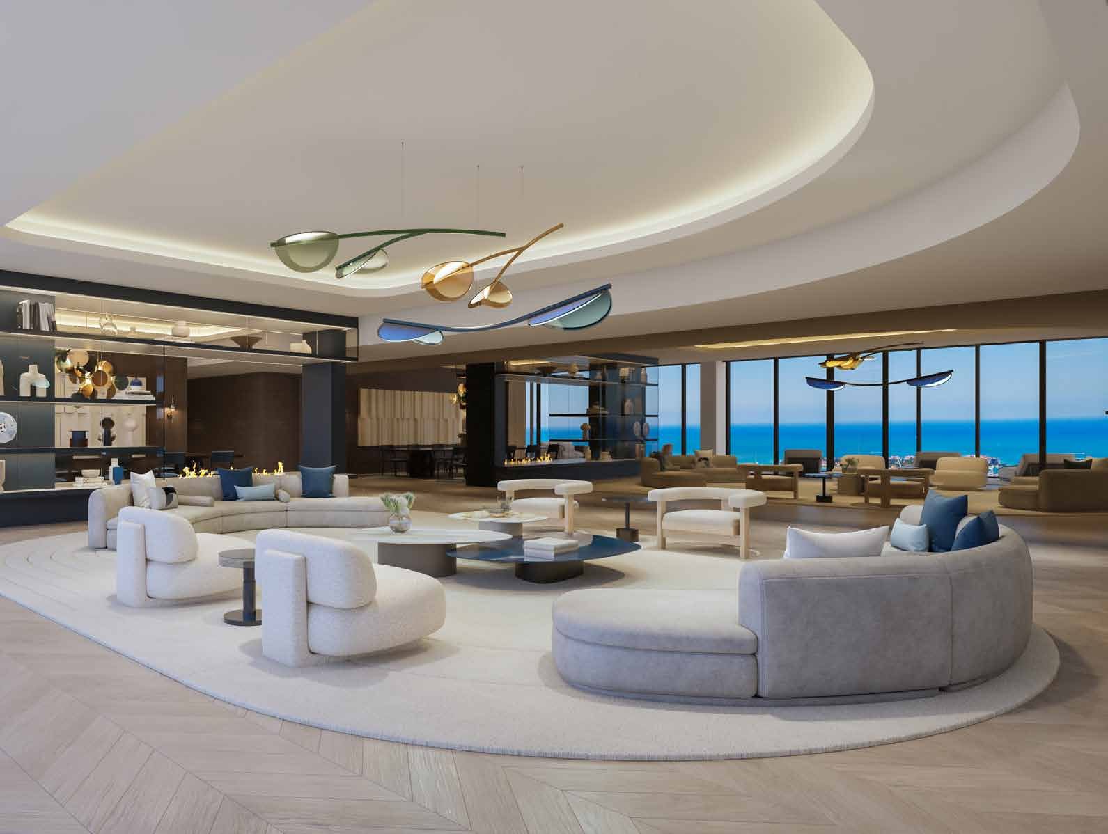 Rendering of a residence living room with the ocean beyond