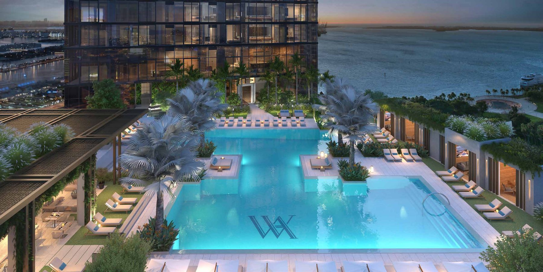 Rendering of the resort pool deck seen from above, the monogram in the pool floor